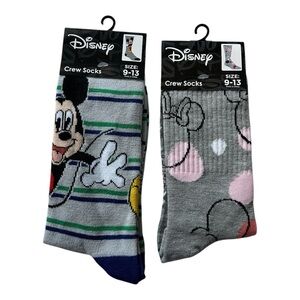 2 Disney Crew Socks Blue, pink, Grey Mickey and Minnie Mouse Design, Size 9-13